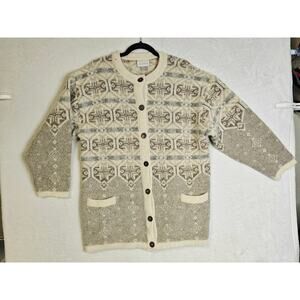 Alafoss 100% Pure Wool Sm made in Iceland cream brown gray sweater coatigan Warm